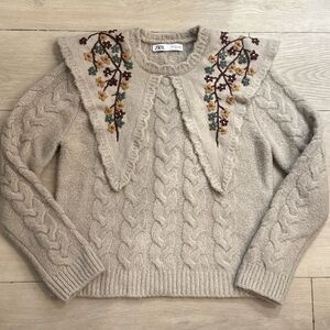 Zara Light‎ Brown Cable Knit Sweater with Floral Embroidery Vintage Style Large